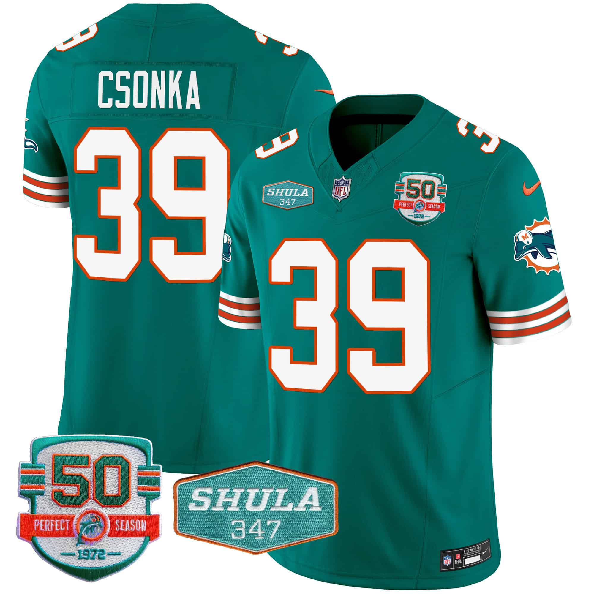 Men Miami Dolphins 39 Csonka Green 2024 Nike Throwback Shula 347 Patch Vapor NFL Jersey style 1